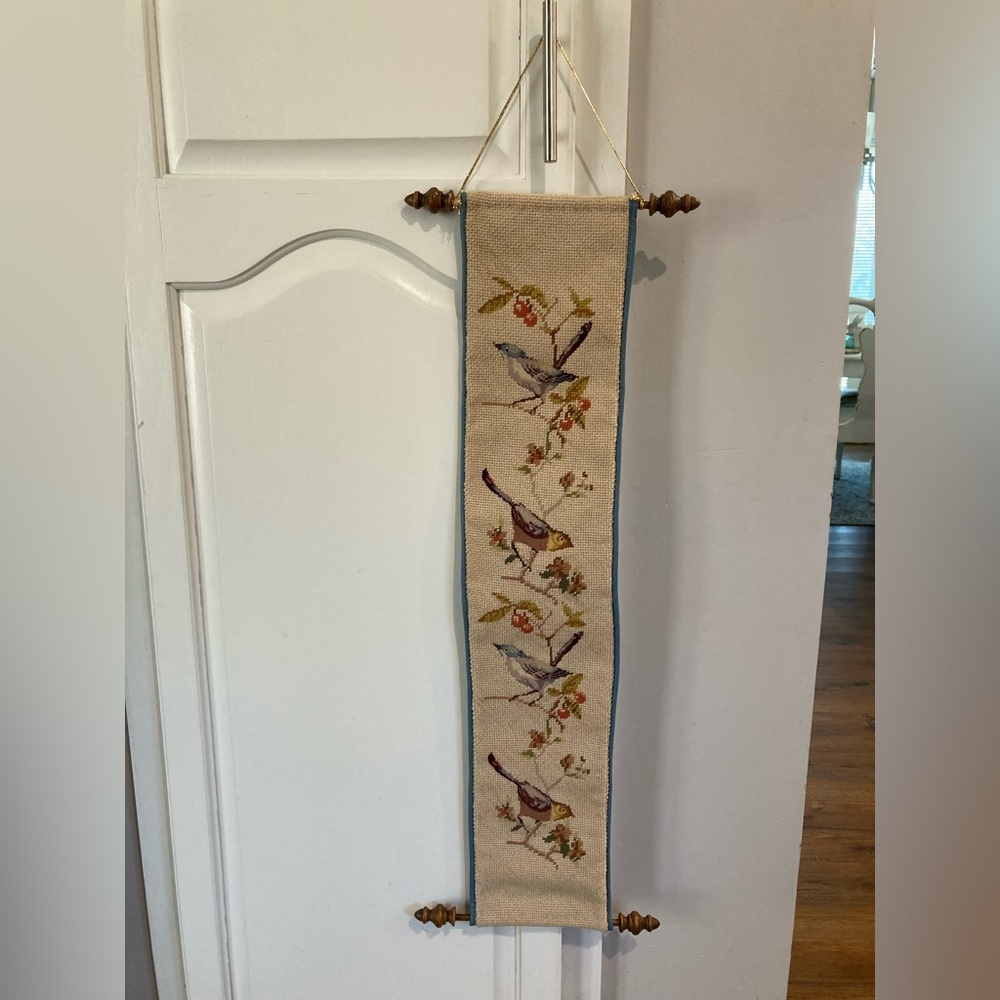 Vintage 29.5”x6” Handmade Needlepoint Bell Pull Birds & Flowers hanging Sign